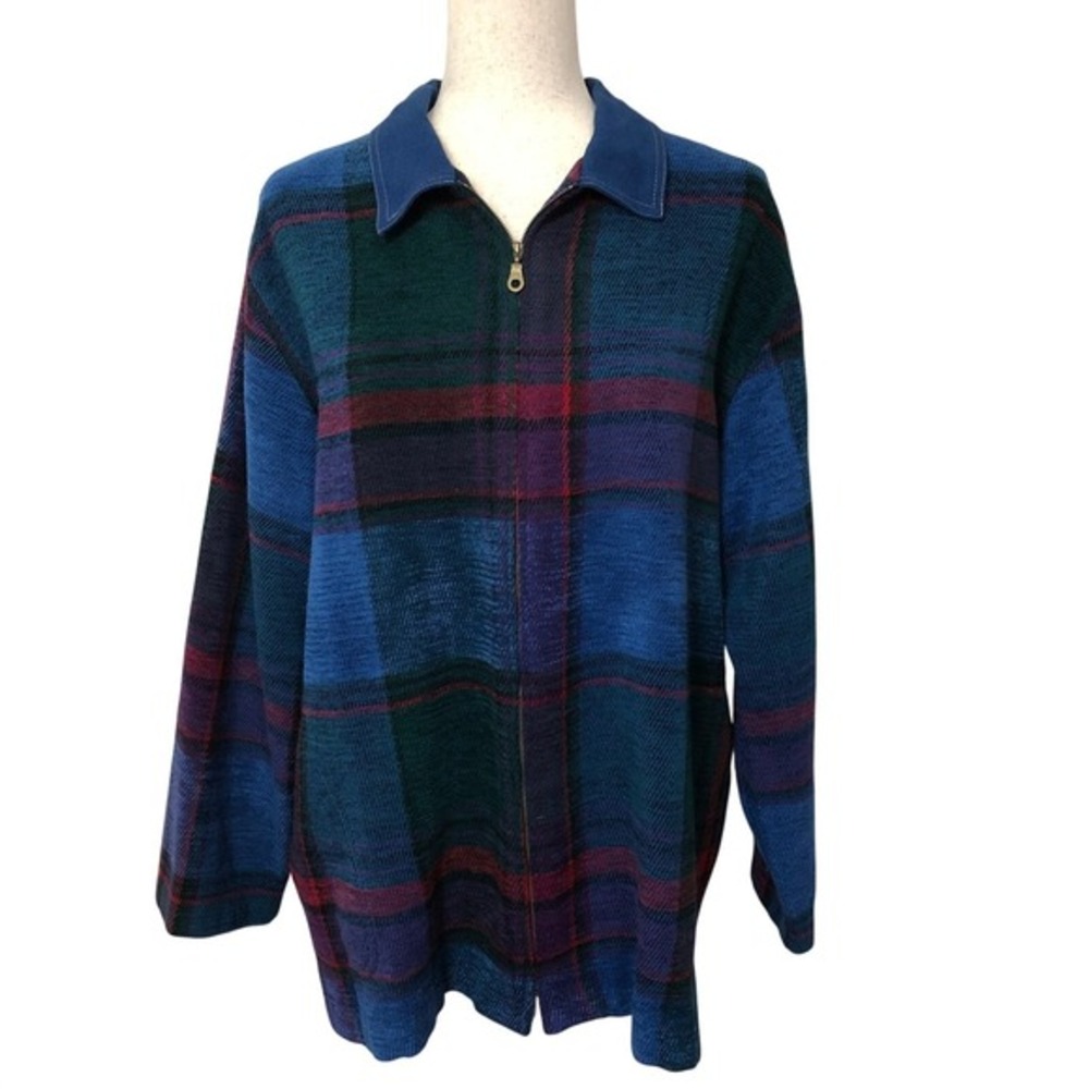VTG 90s Plaid Zip Sweater Jacket L Grandpa Core‎ Cabin Artsy Oversized - Picture 2 of 8